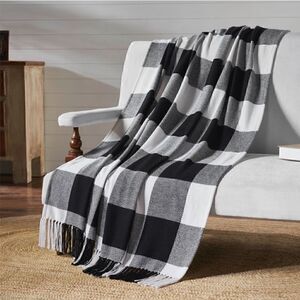 NEW! Black White Buffalo Plaid 100% Cotton Throw Blanket Fringed Cozy Warm